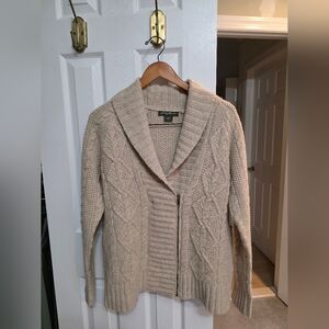 Eddie Bauer Cream Cable-Knit Shawl Collar Zip Cardigan
